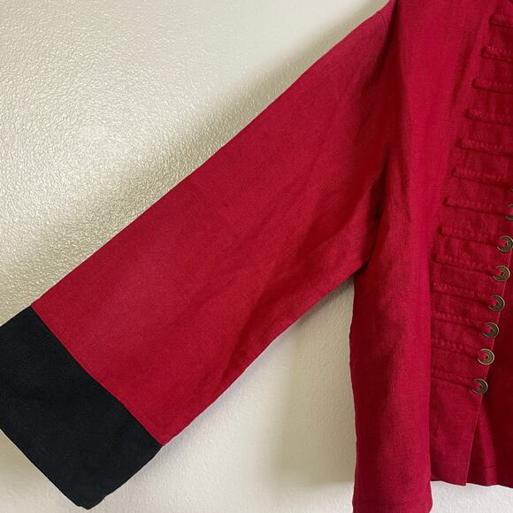 Peaccock Ways Linen Jacket Womens Red Black Chinese Coin Oriental Open Front - Picture 3 of 8